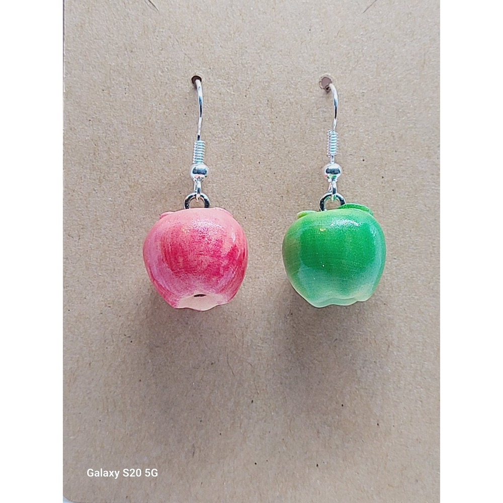 Handmade Mismatched Red‎ and Green Apple Dangle Earrings Silver Tone Whimsical